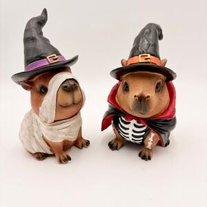 Halloween Capybara Figurine Set 2 Mummy Skeleton Vampire Witch Hat Decor Hamster